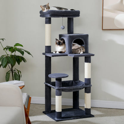 This 5-Level Cat Tree Tower is perfect for large indoor cats to climb, play, and relax. It features sisal-covered scratching posts, a cozy condo, a spacious hammock, and a top perch for ultimate comfort and entertainment.