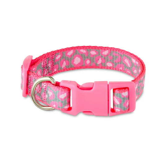 Reflective Cheetah Print Dog Collar Small Adjustable Pink Iridescent Clasp D-Ring Leash Attachment Safety Fashionable Daily Use