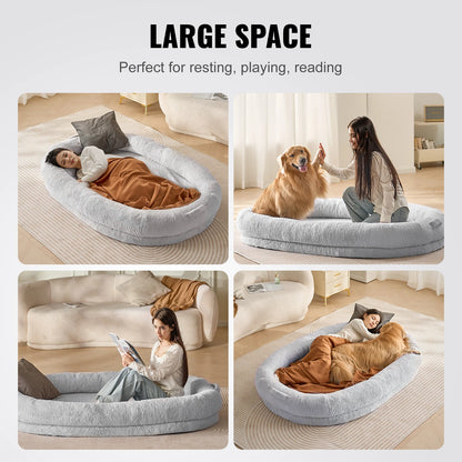 Human Dog Bed for Adult Human Size Dog with Washable Faux Rabbit Fur Cover Egg Orthopedic Foam Grey