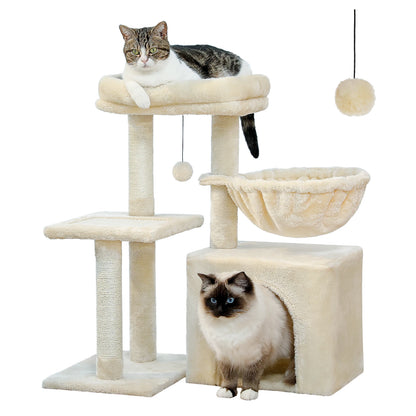 This Cat Tree Tower offers indoor cats endless fun and relaxation. Featuring cat scratching posts, a big hammock, and a removable top perch in two stylish designs, it’s perfect for climbing, lounging, and playtime in comfor