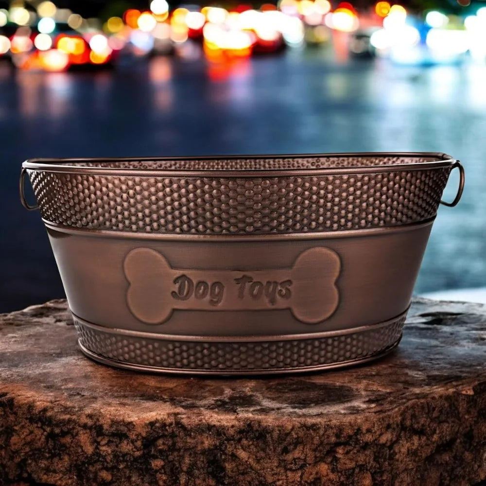 Metal Dog Toy Bin - Copper Galvanized Storage Bin with Handles, Dog Toy Box for Dog Chew Toys