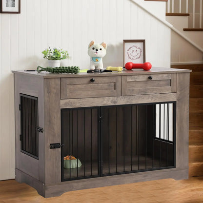 Wooden Dog Cage End Table with Charging Station Heavy Duty Indoor