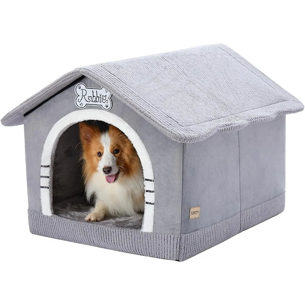 Indoor Dog House with Frame, Insulated Cozy, Suitable for 25-60 lb, Large Plus (30"×26"×25"), Gray