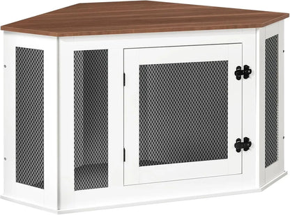 Corner Dog Crate Furniture, Wooden Kennel End Table, Decorative Indoor Use