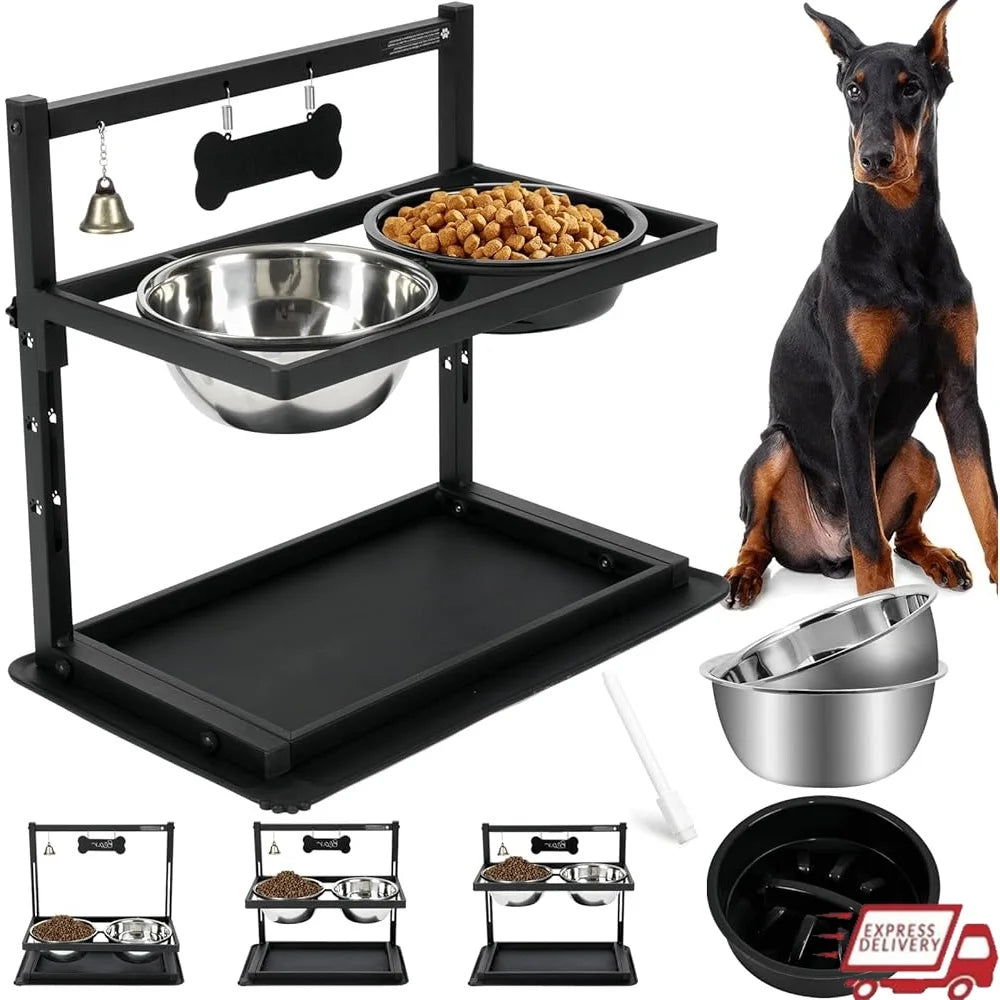 Elevated Slow Feeder Dog Bowls Adjustable Height Reduces Joint Stress with Spill-Proof Mat Large Dogs