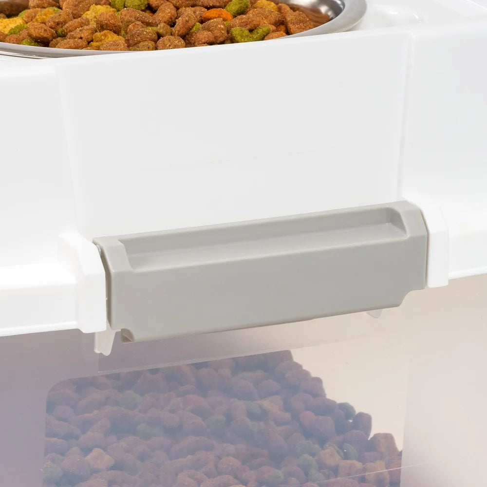 Airtight Pet Food Container.  Dog/Cat Food Storage Bin. Treat Box with Bowls Durable Clear Body Easy Access Secure Lid