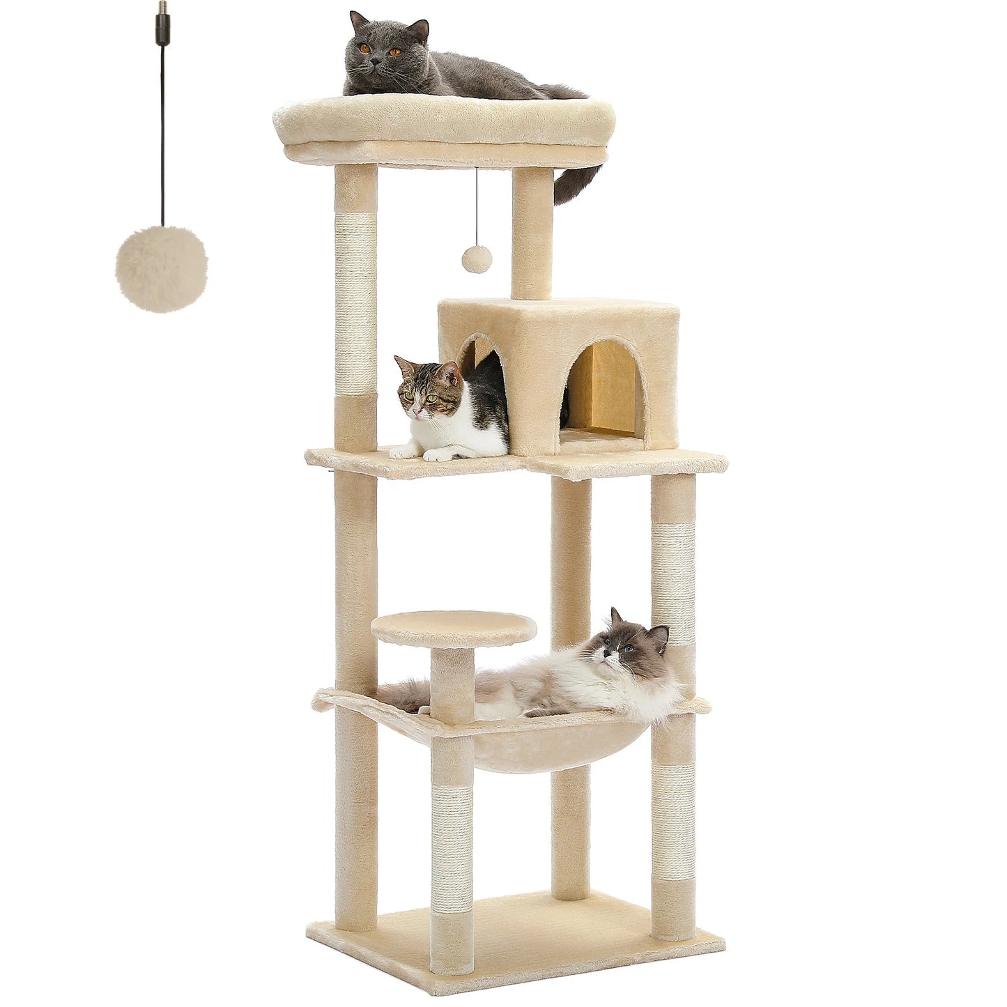 This 5-Level Cat Tree Tower is perfect for large indoor cats to climb, play, and relax. It features sisal-covered scratching posts, a cozy condo, a spacious hammock, and a top perch for ultimate comfort and entertainment.
