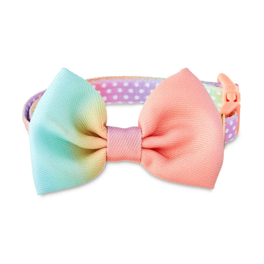 Multicolored Ombre Polka Dot Dog Collar with Bow Tie. Adjustable Small Size Durable Polyester Easy Leash Attachment