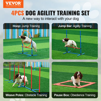 Dog Agility Training Equipment 4 PCS Set with Adjustable High Hurdles  Poles Jump Ring Square Pause Box Whistle