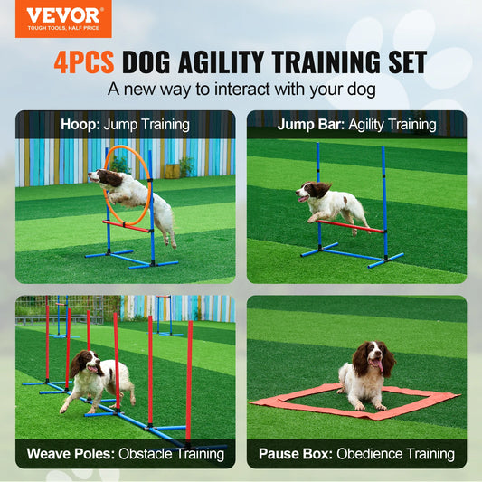 Dog Agility Training Equipment 4 PCS Set with Adjustable High Hurdles  Poles Jump Ring Square Pause Box Whistle