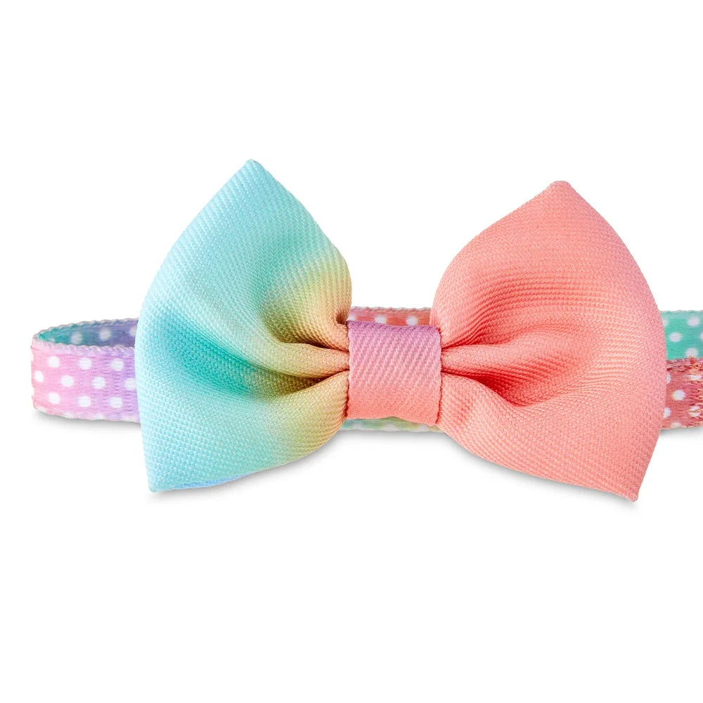 Multicolored Ombre Polka Dot Dog Collar with Bow Tie. Adjustable Small Size Durable Polyester Easy Leash Attachment