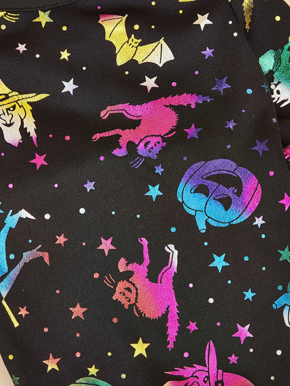 Halloween Dog T-Shirt, Black Short - Sleeve with Colorful Glittery Bats & Pumpkins & Stars Print