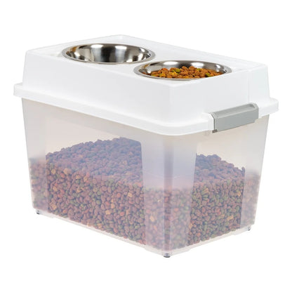 Airtight Pet Food Container.  Dog/Cat Food Storage Bin. Treat Box with Bowls Durable Clear Body Easy Access Secure Lid