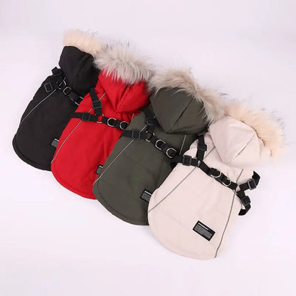Autumn Winter Warm Pet Jacket With Harness. Hooded Padded Coat with Imitation Fur Hat For Small Medium Dogs