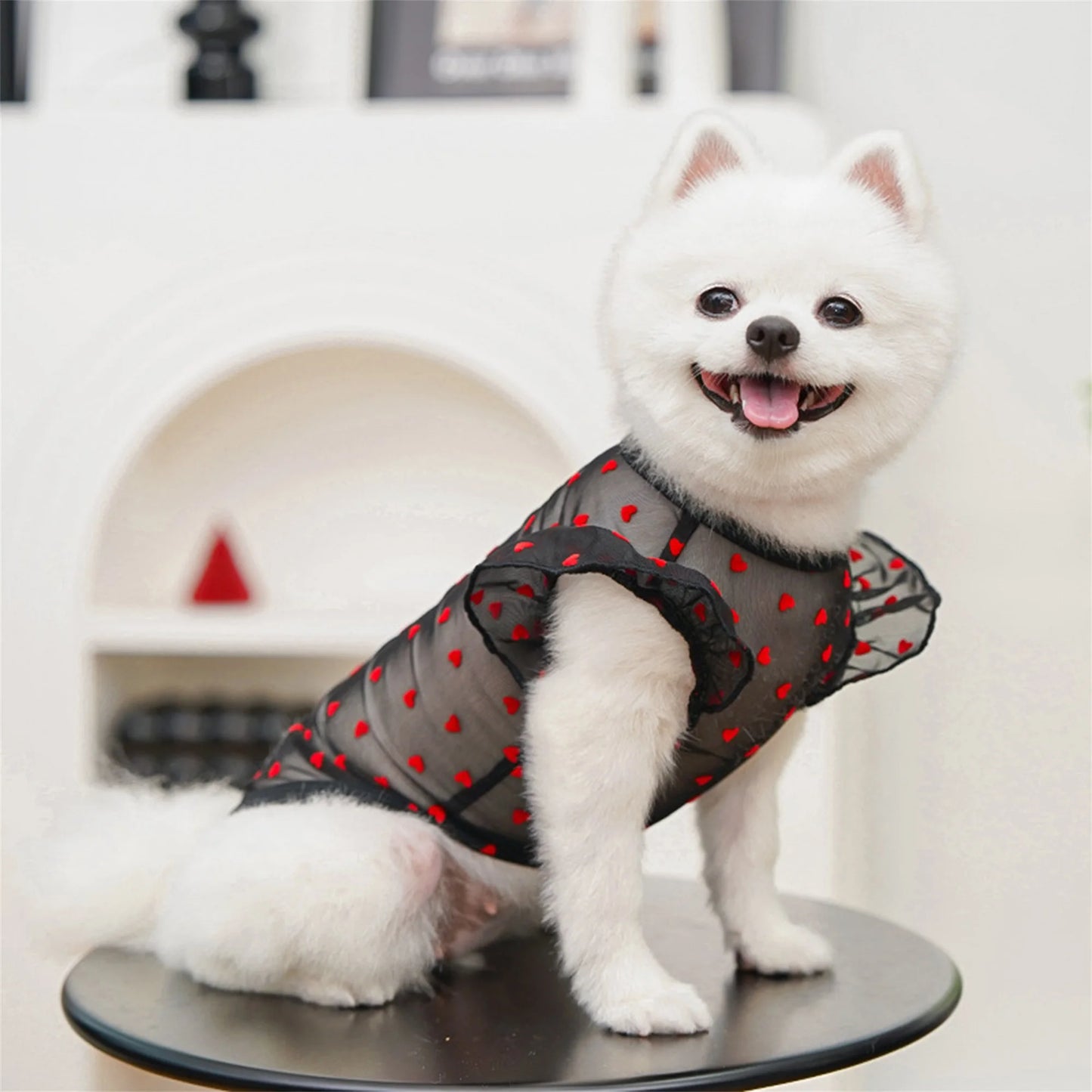 Adorable Puppy Tank Top with Polka Dot Pattern and Ruffle Sleeves