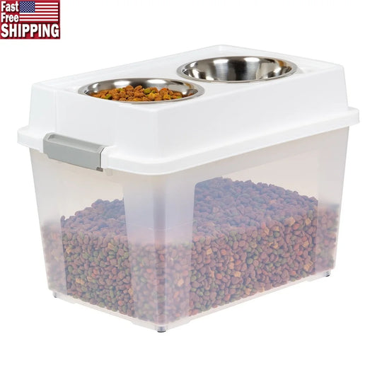Airtight Pet Food Container.  Dog/Cat Food Storage Bin. Treat Box with Bowls Durable Clear Body Easy Access Secure Lid