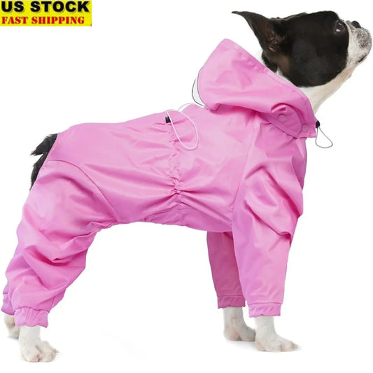 Rain Jacket Waterproof Dog Coat 4 Legs with Leash Hole Lightweight Reflective Poncho