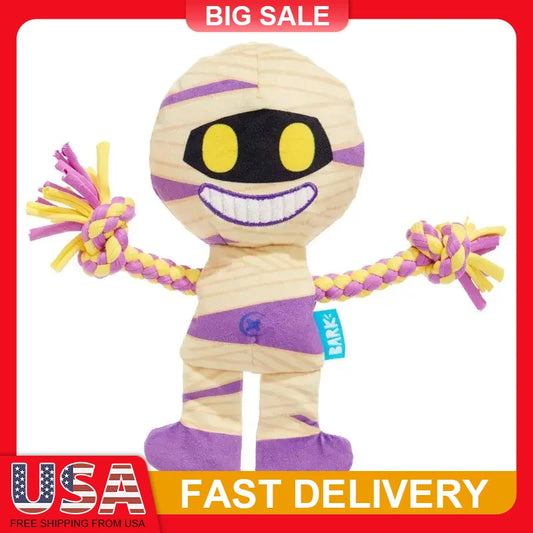 Halloween Dog Toy Mummy Plush with Squeaker Crinkle Sound Tug Rope Whip Flip Legs Interactive Play