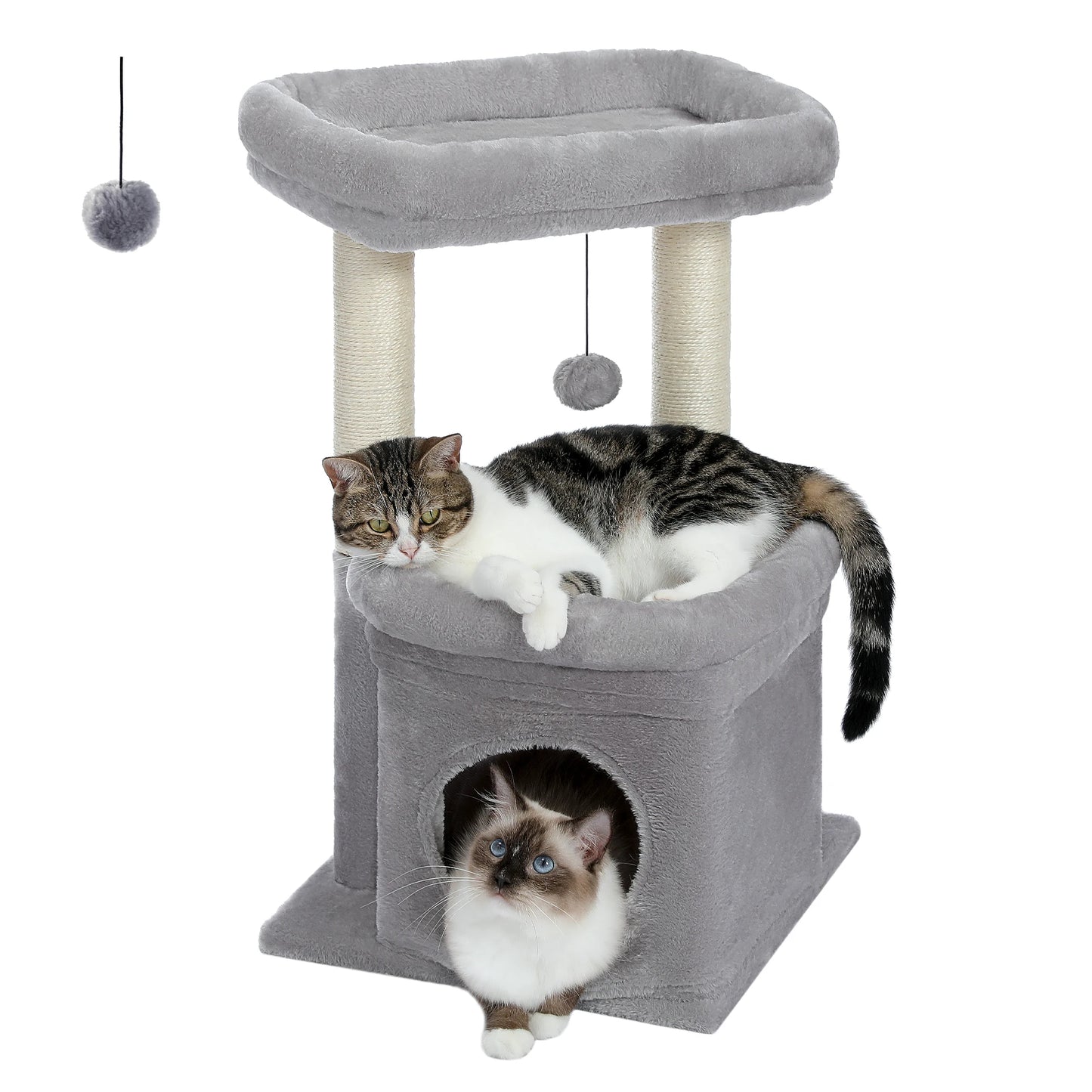This Cat Tree Tower is designed for 1–2 indoor cats to play, rest, and climb in comfort. Featuring a cozy condo, wide top perch, natural sisal posts, soft plush fabric, and a playful pom-pom, it’s the perfect all-in-one s