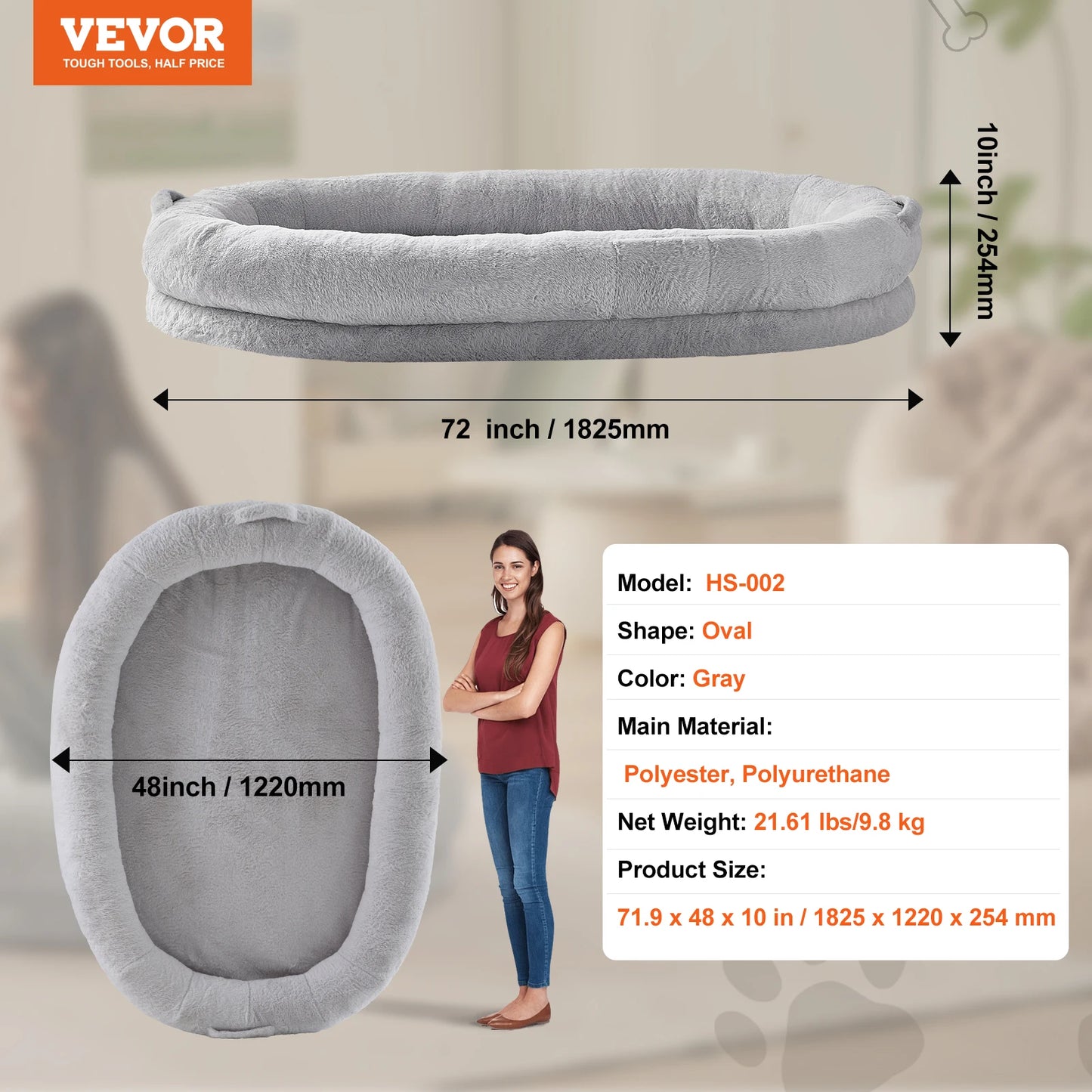 Human Dog Bed for Adult Human Size Dog with Washable Faux Rabbit Fur Cover Egg Orthopedic Foam Grey