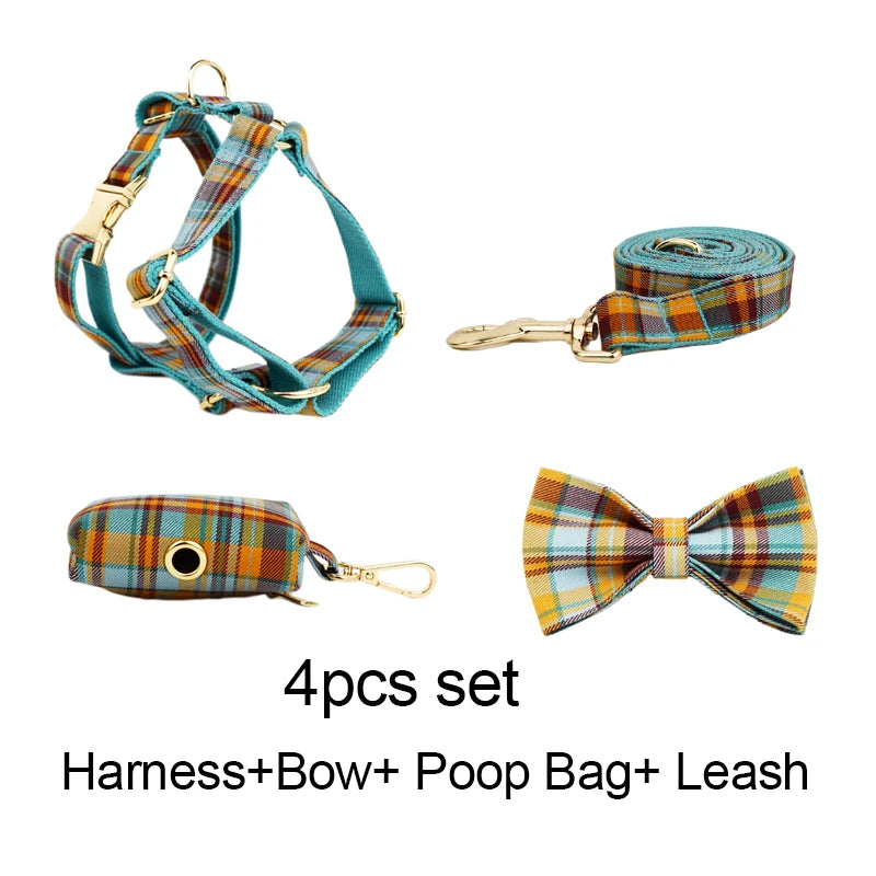 High Quality Custom Design Logo Cotton Pet Accessories Personalized Dog Collar Leashes Harness Bow Set