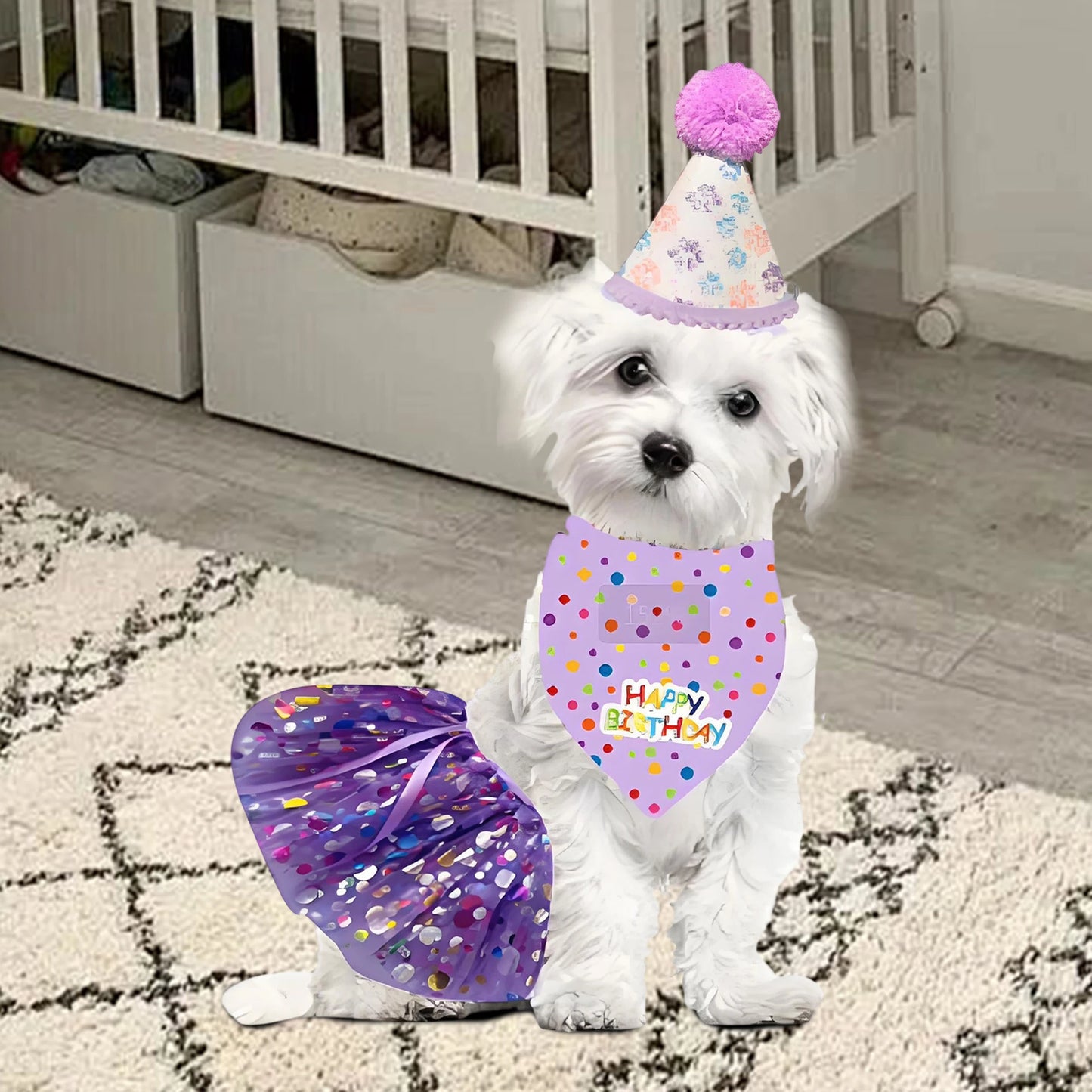Cute Dog Birthday Costume Set. Adorable Party Hat with Matching Skirt and Scarf for Indoor and Outdoor Celebrations