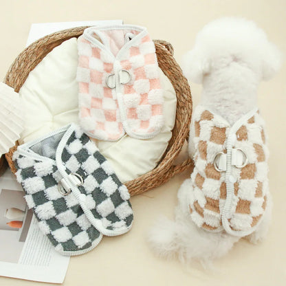 Autumn and winter checkerboard button cardigan with traction button for keeping dogs warm