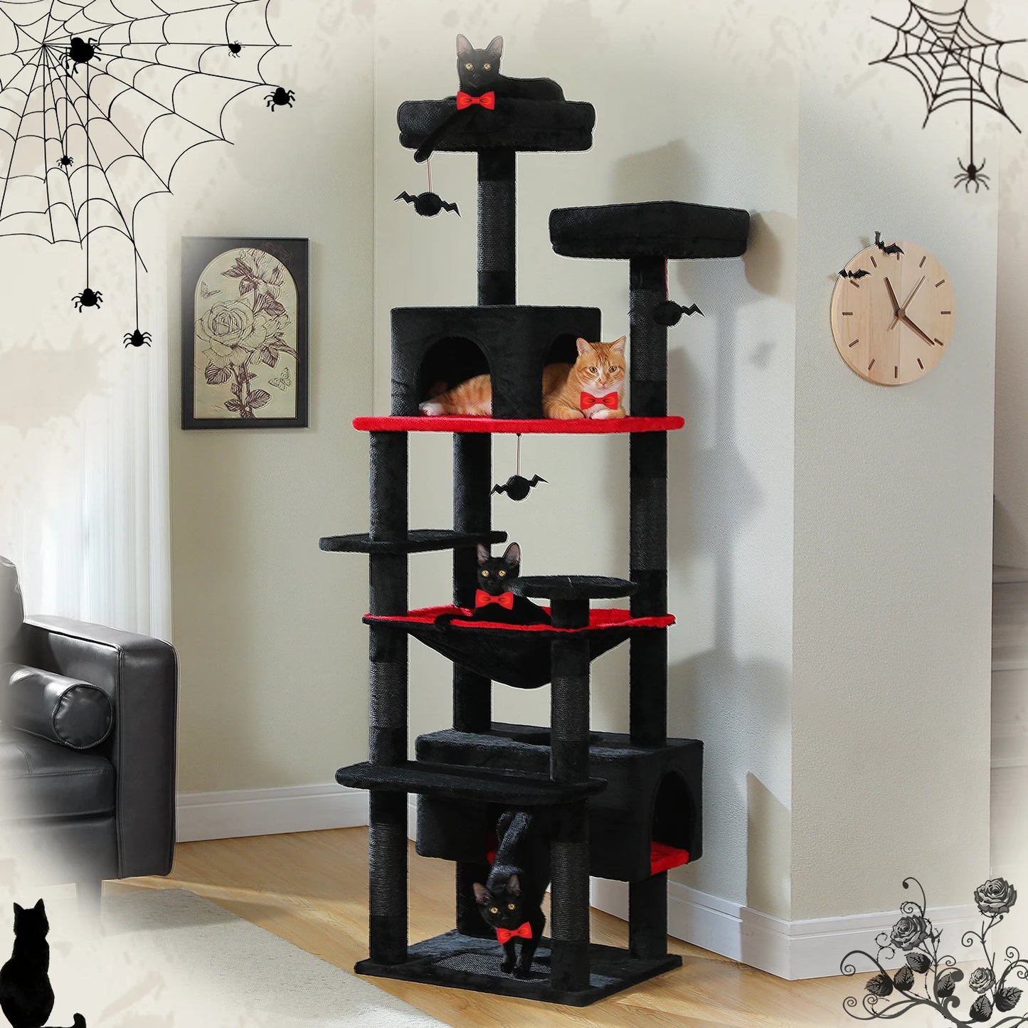 This Large Cat Tree and Tower is perfect for indoor cats to play, climb, and relax. Featuring sisal-covered scratching posts, spacious hammocks, padded perches, cozy condos, and engaging cat toys, it provides endless entertai