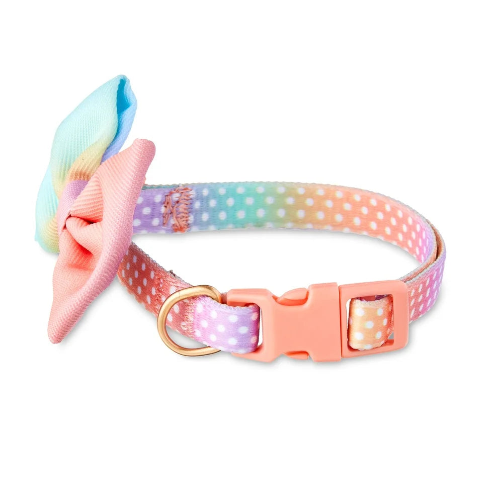 Multicolored Ombre Polka Dot Dog Collar with Bow Tie. Adjustable Small Size Durable Polyester Easy Leash Attachment