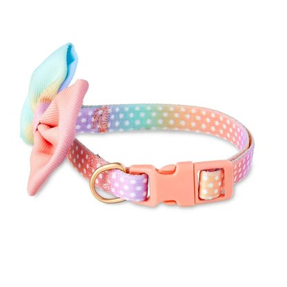 Multicolored Ombre Polka Dot Dog Collar with Bow Tie. Adjustable Small Size Durable Polyester Easy Leash Attachment