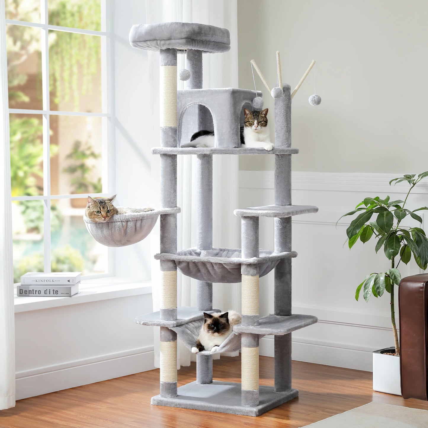 This Large Cat Tree is the ultimate multi-level playground for indoor cats. Featuring plush condos, sturdy scratching posts, cozy perches, and spacious caves, it provides endless entertainment, comfort, and climbing fun for y