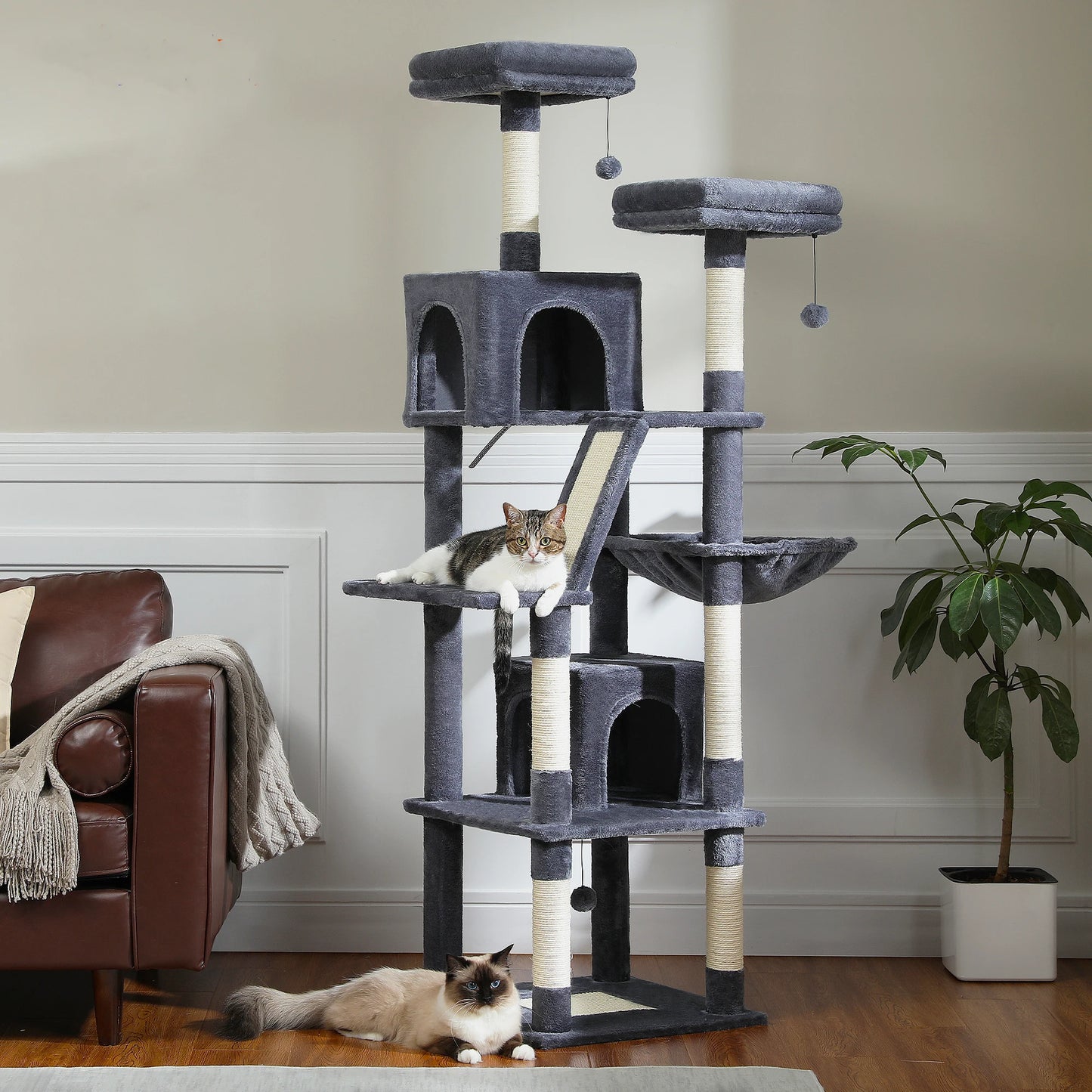 This Large Cat Tree is the ultimate multi-level playground for indoor cats. Featuring plush condos, sturdy scratching posts, cozy perches, and spacious caves, it provides endless entertainment, comfort, and climbing fun for y