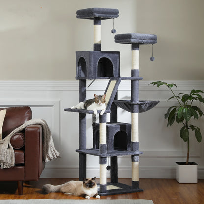 This Large Cat Tree is the ultimate multi-level playground for indoor cats. Featuring plush condos, sturdy scratching posts, cozy perches, and spacious caves, it provides endless entertainment, comfort, and climbing fun for y