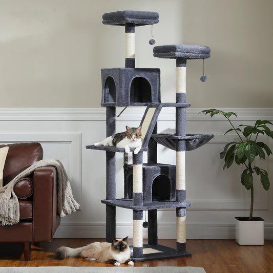 This Large Cat Tree is the ultimate multi-level playground for indoor cats. Featuring plush condos, sturdy scratching posts, cozy perches, and spacious caves, it provides endless entertainment, comfort, and climbing fun for y