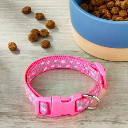 Reflective Cheetah Print Dog Collar Small Adjustable Pink Iridescent Clasp D-Ring Leash Attachment Safety Fashionable Daily Use