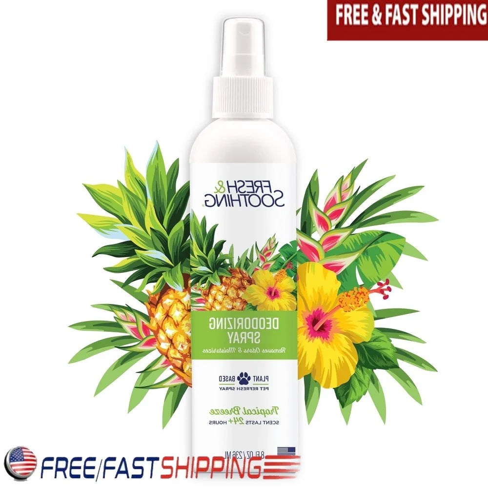 Fresh Soothing Tropical Breeze Deodorizing Spray 8oz Eliminates Odors Moisturizes Pets Coat Long Lasting Scent Plant Based