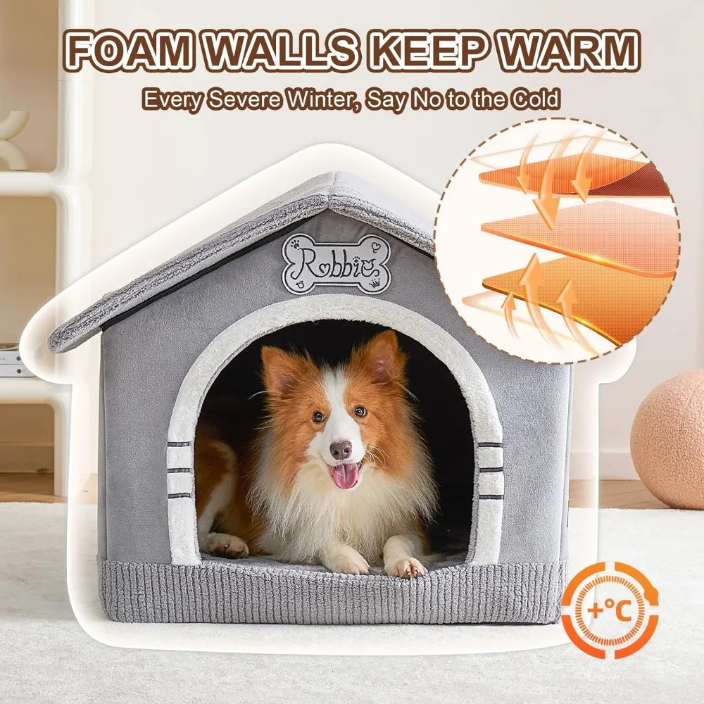 Indoor Dog House with Frame, Insulated Cozy, Suitable for 25-60 lb, Large Plus (30"×26"×25"), Gray