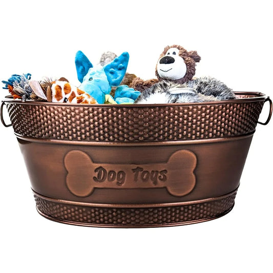 Metal Dog Toy Bin - Copper Galvanized Storage Bin with Handles, Dog Toy Box for Dog Chew Toys