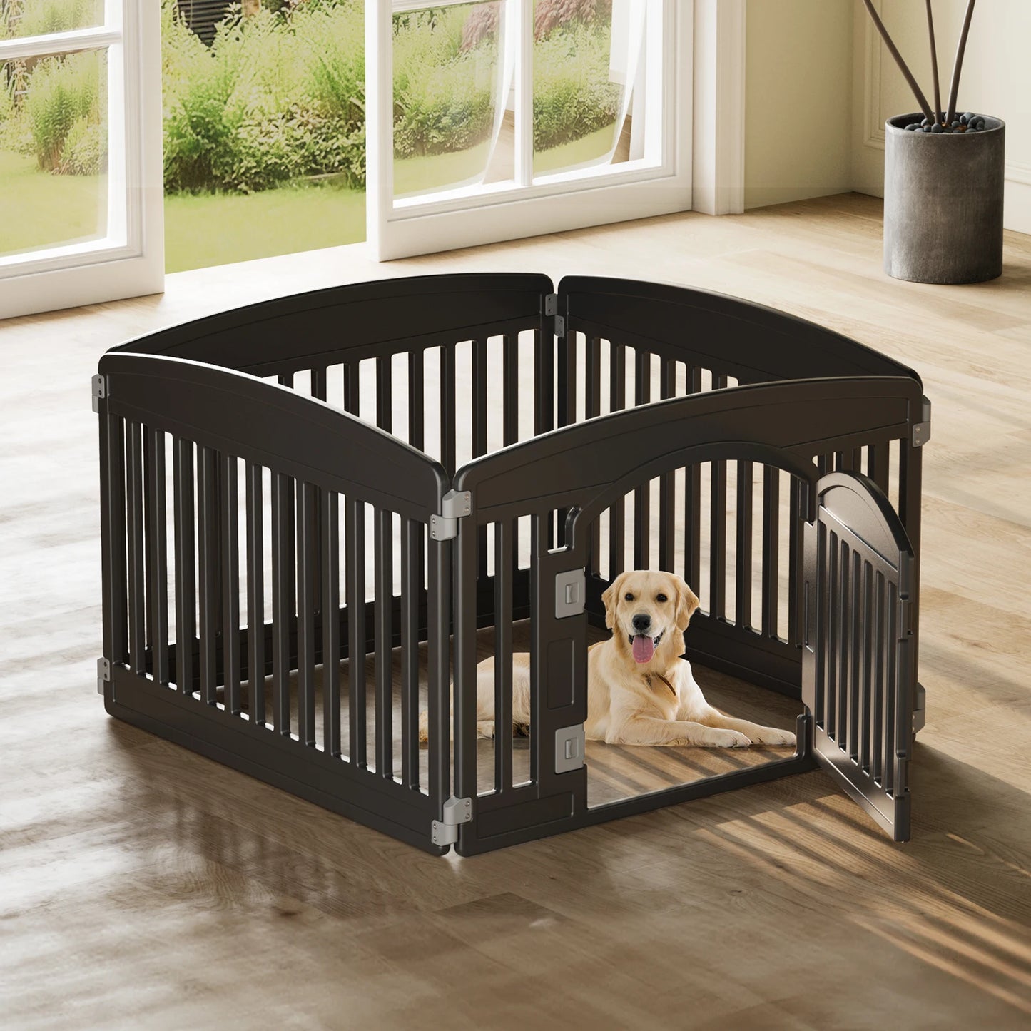 This Plastic Dog Playpen features 6 durable, expandable panels for medium dogs — perfect for indoor or outdoor use with its portable, foldable design.