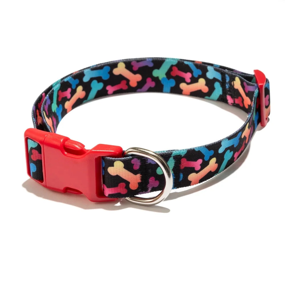 Multicolored Adjustable Dog Collar with Bone Print Pattern. Durable Polyester Easy Clip Leash Attachment