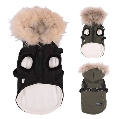 Autumn Winter Warm Pet Jacket With Harness. Hooded Padded Coat with Imitation Fur Hat For Small Medium Dogs