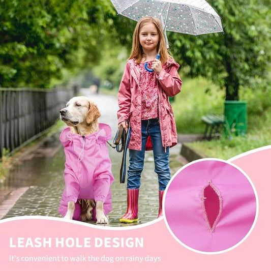 Rain Jacket Waterproof Dog Coat 4 Legs with Leash Hole Lightweight Reflective Poncho