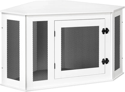 Corner Dog Crate Furniture, Wooden Kennel End Table, Decorative Indoor Use