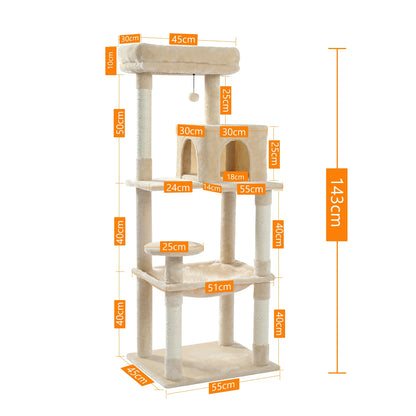 This 5-Level Cat Tree Tower is perfect for large indoor cats to climb, play, and relax. It features sisal-covered scratching posts, a cozy condo, a spacious hammock, and a top perch for ultimate comfort and entertainment.
