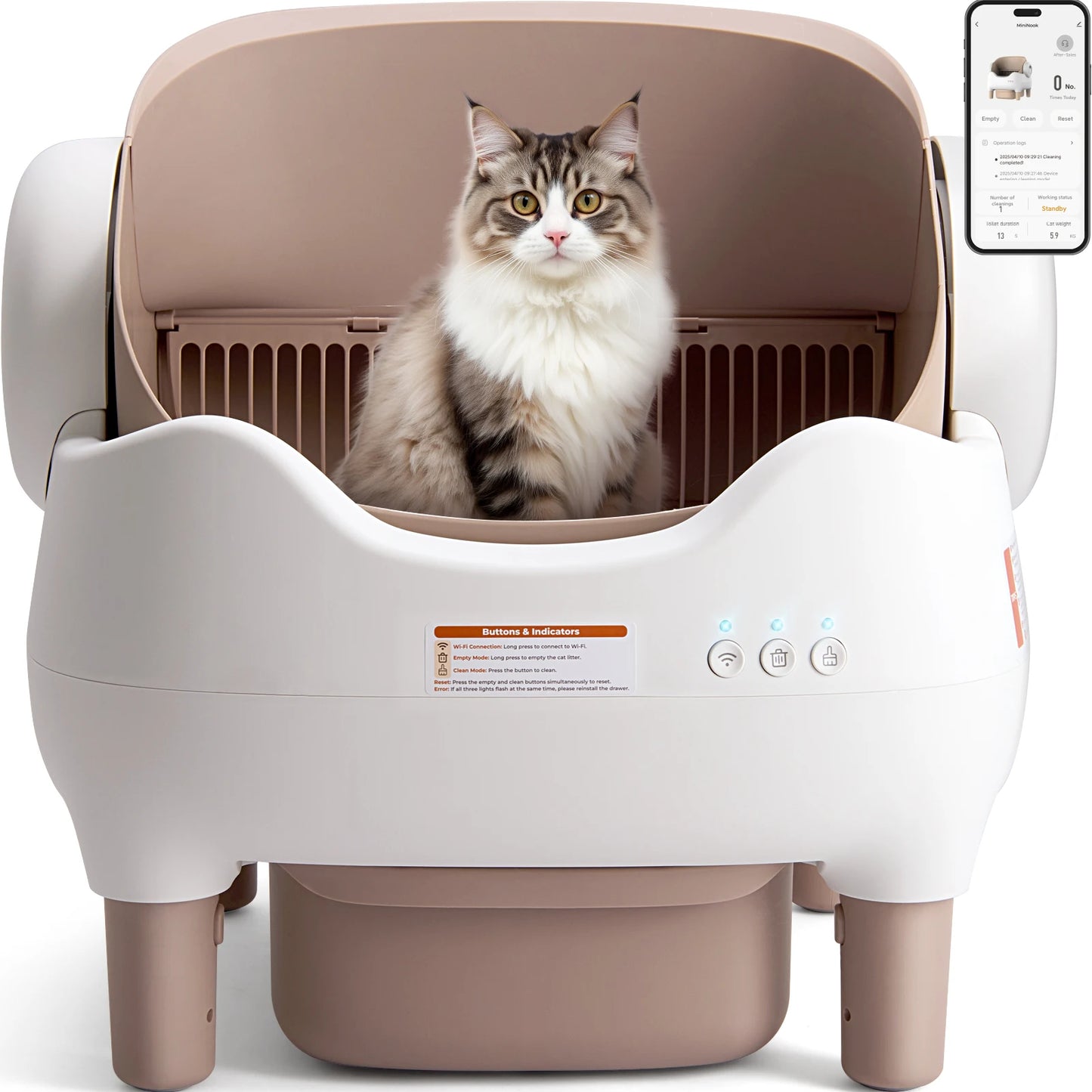 The Self-Cleaning Litter Box is an automatic, app-controlled solution designed for multiple cats. With an open-top design, large waste bin, and odor-free operation, it keeps your home clean and your cats comfortable with mini