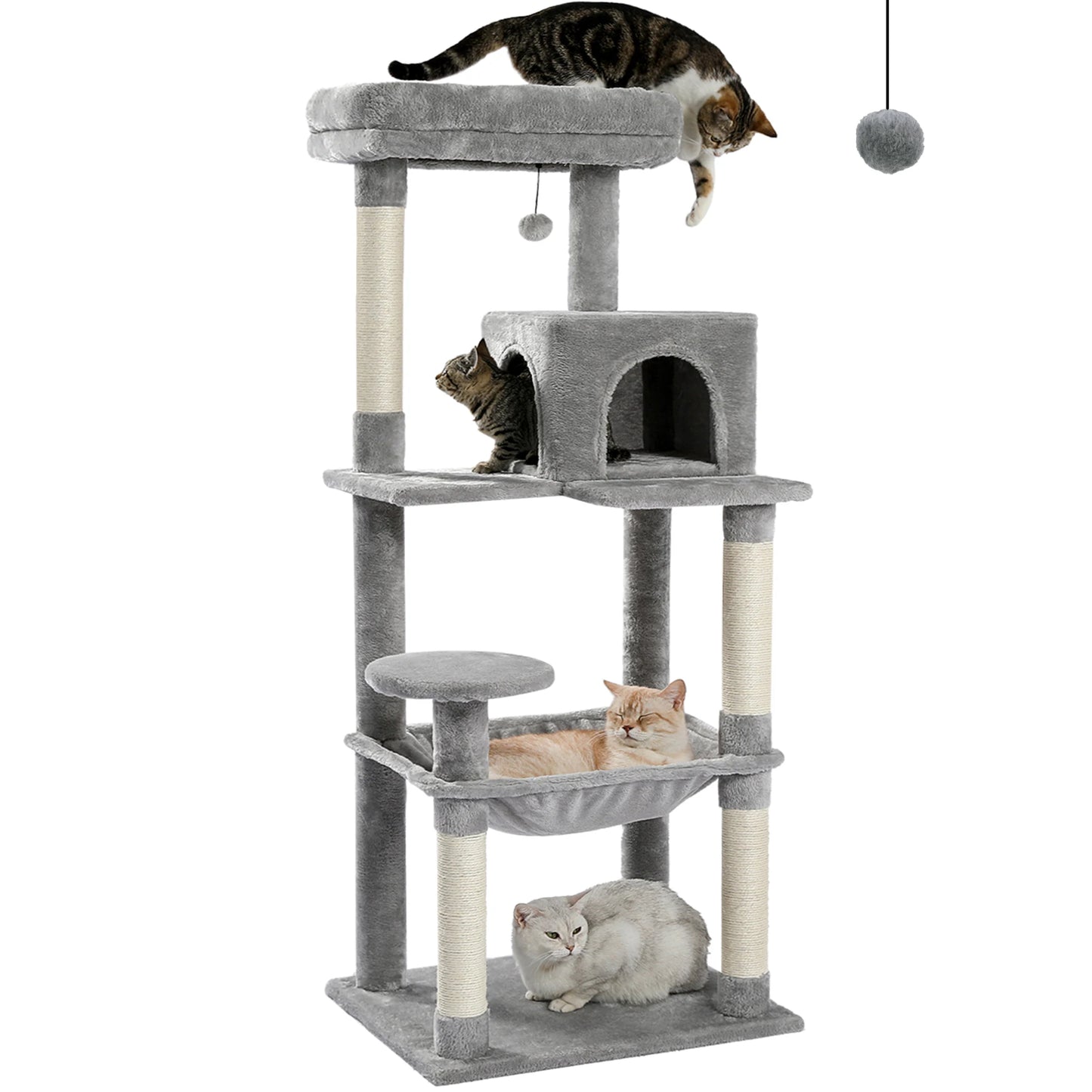 This 5-Level Cat Tree Tower is perfect for large indoor cats to climb, play, and relax. It features sisal-covered scratching posts, a cozy condo, a spacious hammock, and a top perch for ultimate comfort and entertainment.