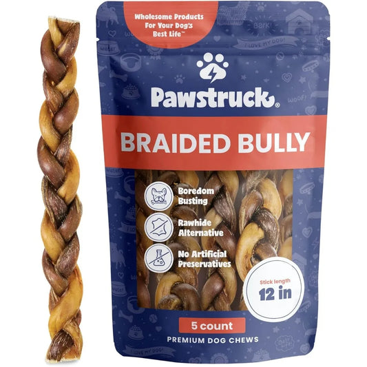 Natural 12" Braided Bully Sticks for Dogs – Tough, Long-Lasting, Rawhide-Free, Low-Odor, Single Ingredient Chew Treat